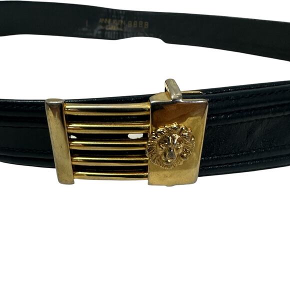 Vintage 1980s Anne Klein NAvy Blue Leather Belt with Lion Buckle S/M - Picture 4 of 7